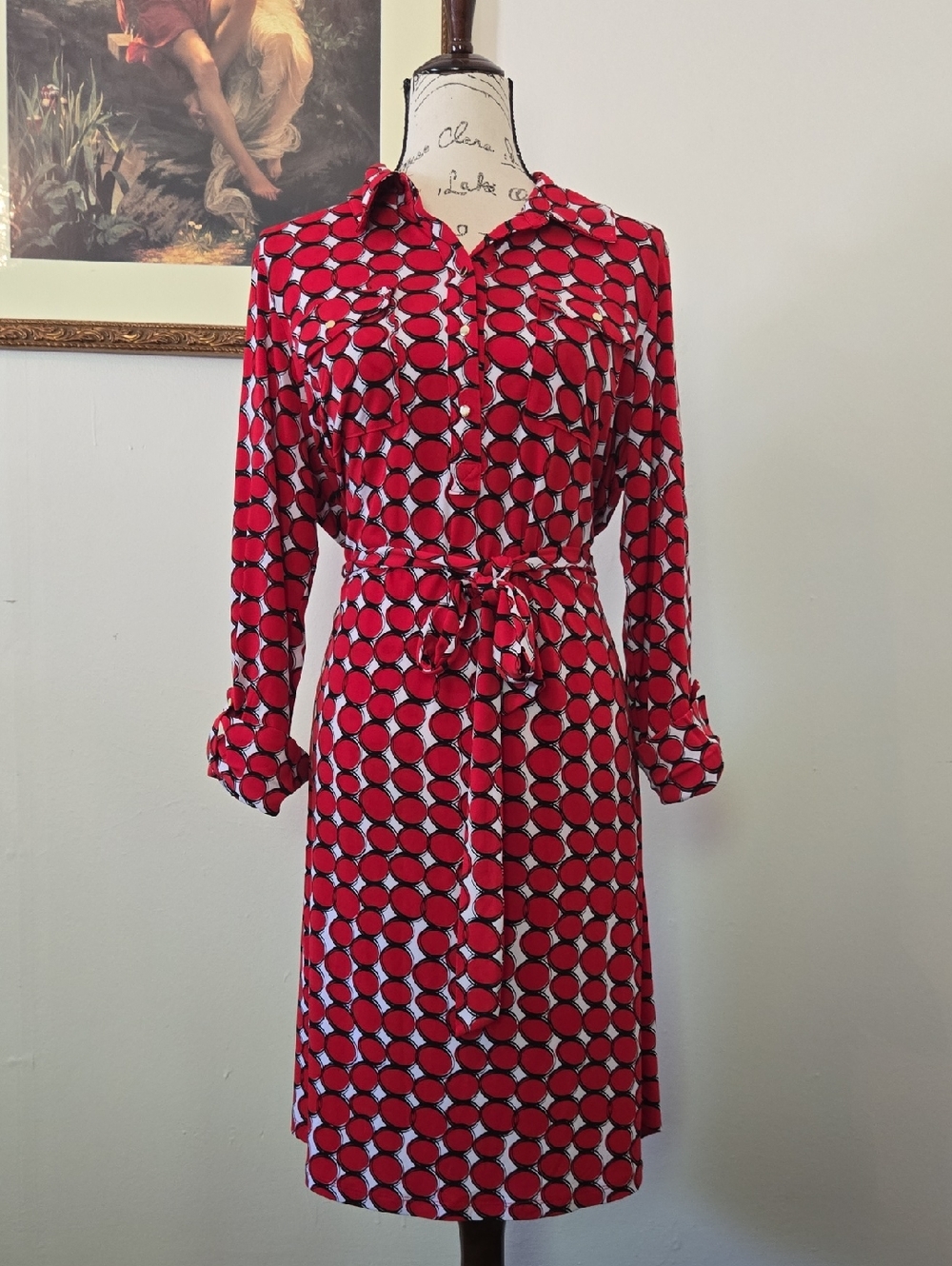 Rafaella Red and White Geometric Shirt Dress with Tie Waist
